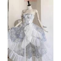 ราคา French Blue Floral Strapless Dress Light Luxury Gown Escaping Princess Vintage vintage Lolita Dress (57252374095)