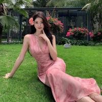 ราคา เดรสสายเดรส ผ้าซาติน ลายดอก Vคอ เอวสอดสีชมพู สไตล์หวานกุลสตรี สำหรับฤดูหนาว (24497785891)