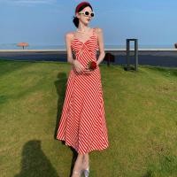 ราคา ชุดไปเที่ยว ชุดไปทะเล ฝรั่งเศสสีแดงลายสลิปเดรสผู้หญิงฤดูร้อนโดปามีนไทยซานย่าซีไซด์รีสอร์ทชายหาดกระโปรงยาว (55752686954)