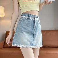 ราคา กระโปรงยีนส์สั้นแต่งลูกไม้สีขาวตรงขอบเอวและชายกระโปรง มีซับในให้ s m L XL (51553097130)