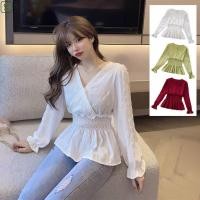 ราคา SHCER เสื้อชีฟองบาง คอวี Slim Fit ชีฟอง T เสื้อผู้หญิง แฟชั่น Ruffled Edge แขนยาวสีทึบหวาน Crop เสื้อ Streetwear (56052724991)