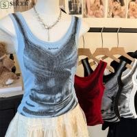 ราคา SHCER Tie dye Camisole สไตล์Retro Girls Slim Crop Top แฟชั่นY2kแขนกุดSuspenderเสื้อกั๊กชายหาด (26543411888)
