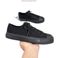 ราคา High Black Shoes Plain Black Shoes รองเท้าผ้าใบสําหรับบุรุษและสตรีรองเท้านักเรียน (48003268893)