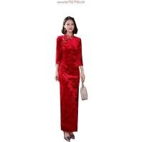 ราคา ชุดกี่เพ้าแขนยาว ผ้ากํามะหยี่ แบบดั้งเดิม สไตล์จีน สีแดง สําหรับผู้หญิง ใส่ไปงานเลี้ยงอาหารค่ํา (48650226661)