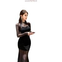 ราคา ชุดออกงานเรียบหรู ชุดออกงานสาวอวบ อารมณ์ฝรั่งเศสไม่สม่ําเสมอตาข่ายแขนยาวชุดผู้หญิงฤดูใบไม้ร่วงพรีเมี่ยมเซ็กซี่ชุดราตรีสะโพกหางปลากระโปรงยาว (52053486798)