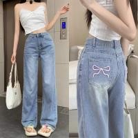 ราคา กางเกงยีนส์ กางเกงกระบอก เอวสูง ผ้ายืดได้ งานปักลายโบว์ 1501218 (44304682393)