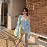 ราคา เสื้อแขนยาว เสื้อยืดผู้หญิง คอV ลายทาง ปาดไหล่ ทรงหลวม 1502378 (44260011173)