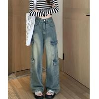 ราคา ยีนส์ กางเกงยีนส์ผู้หญิงทรงกระบอก มีกระเป๋าหลายใบ เเบบวินเทจ ดีไซส์พิเศษ 150149 (20083531780)