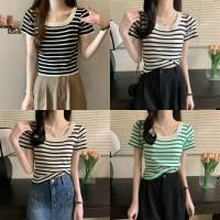 ราคา พร้อมส่ง เสื้อครอป เสื้อยืดลายทาง คอกลม สวมใส่สบาย 150293 (22686477053)