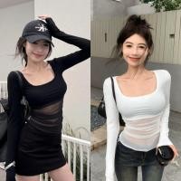 ราคา เสื้อครอป เสื้อเเขนยาวผู้หญิง สาวY2K รัดรูป ทรงเข้ารูป ผ้ายืดได้ ผ้าตะข่ายสีใส 1502337 (27287625668)