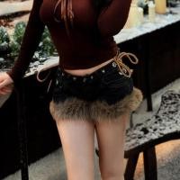 ราคา กางเกงขาสั้นทรงอเมริกันยุค Y2K แบบวินเทจ low waist ดีไซน์พิเศษพร้อมขอบขนสัตว์ สไตล์High Street (57154038897)