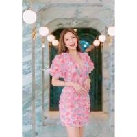 ราคา เดรสดอก 3D แขนพอง เข็มกลัดโบว์แต่งเพชร (46553881321)