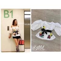 ราคา เสื้อเชิ๊ตขาวปาดไหล่ปักดอกวินเทจ (44305461145)