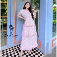 ราคา เดรสลูกไม้ปักฉลุแต่งระบายขาว ชมพู งานอลัง (40173825440)