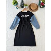 ราคา ส่งต่อ มือสอง เดรสสีดำ แต่งแขนยาวผ้ายีนส์ (47754831316)