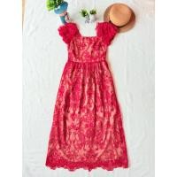 ราคา ส่งต่อ มือสอง งานป้าย Aiyarin S เดรสยาวสีแดง ผ้ามุ้ง งานปักทั้งชุด (53902693676)