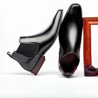 ราคา รองเท้าบูทสั้นหนังแท้ผู้ชาย British Chelsea Plus Velvet Square Toe High Top Double Elastic (55402947002)