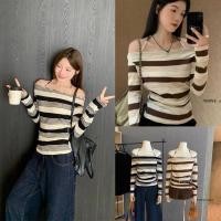 ราคา ส่งด่วน ? ? ? ? 7048 เสื้อปาดไหล่แขนยาว สายผูก ผ้าลายริ้ว เนื้อบาง ยืดหยุ่นได้ดี (57200711755)