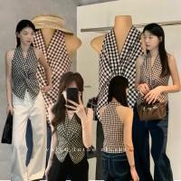 ราคา ส่งด่วน ? ? ? ? 8767 เสื้อคอวีแขนกุด ผ้าลายสก็อต ดีไซน์ไขว้หน้า (56754978173)