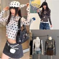 ราคา ส่งด่วน ? ? ? ? 7522 เสื้อคอกลม แขนยาว งานผ้ามุ้ง ลายจุดผ้าเนื้อบาง (56352093437)