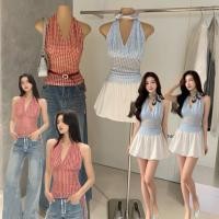 ราคา ส่งด่วน ? ? ? ? 8434 เสื้อคล้องคอแขนกุด งานผ้ามุ้งลายสก็อต (52904970784)