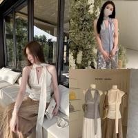 ราคา พร้อมส่ง WG WE no 3123 เสื้อคอวี แขนกุด มีเชือกคล้องพันคอ งานผ้าซาติน (26424198740)