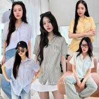 ราคา RM Shirt เสื้อเชิ้ตรับซัมเมอร์ เนื้อผ้าสปันลายทางเนื้อนิ่ม ไม่หนาแต่งกระเป๋าปักตัวอักษร (18981644849)