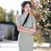 ราคา ชุดกี่เพ้าสั้นผ้าฝ้ายและผ้าลินินลายสก๊อตสำหรับฤดูใบไม้ผลิและฤดูร้อน สไตล์ย้อนยุค (51106533017)