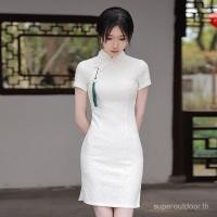 ราคา กี่เพ้าลูกไม้สีขาว สไตล์เรโทรสำหรับเด็กสาว ดизайнหรูหราและสั้น (45251916689)