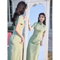 ราคา ฤดูใบไม้ผลิและฤดูร้อนรูปแบบใหม่ที่สง่างามทุกวันสลิมฟิตผ้าฝ้ายผ้าลินินลายสก๊อตเยาวชนสีเหลืองสีเขียวปรับปรุง กี่เพ้า ครั้งที่สอง (44902473591)