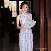 ราคา Double Breasted Cheongsam สีฟ้าและสีขาวแขนกุด ดีไซน์ใหม่สไตล์จีนสำหรับผู้หญิง แบบย้อนยุคและทันสมัยuitable for summer and casual wear (43678535009)