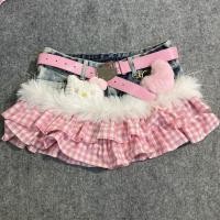 ราคา Denim Pink Vintage Denim Asian Culture Stitching Chaoyang Random Dopamine Short y2k Checked Skirt A50S (48706944368)