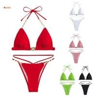 ราคา Women Solid Color Lacing Swimwear Swimsuit Chest Gathered Swimming Suit Set (22021548878)