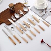 ราคา ช้อนส้อมพร้อมที่จับไม้ มีดไม้ ด้ามไม้ทรงกระบอกมีดตะเกียบช้อนส้อมชุดช้อนส้อมมีดสเตนเลสย้อนยุค Geoo (24692811945)