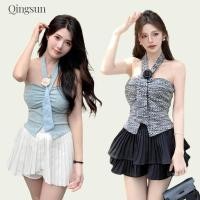 ราคา คล้องคอ เซ็กซี่ เสื้อเกาะอก มีฟองน้ำ น่ารักๆ สีพื้น เพิ่มสายคล้องคอแต่งดอกไม้ FY10101 Qingsun (41561147579)