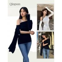 ราคา เสื้อยืดแขนสั้นสไตล์เกาหลีฤดูร้อนสำหรับผู้หญิง ดีไซน์ไม่สมมาตร ผ่าไหล่เฉียง เอวยางยืด เข้ารูป FY2753 Qingsun (41907642298)