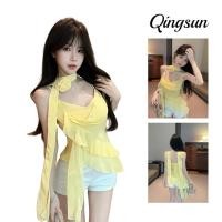 ราคา Qingsun สไตล์เกาหลีa เสื้อสายเดี่ยว สายเดี่ยว สีเหลือง ดอกไม้ริบบิ้น เซ็กซี่ เข้ารูป FY2909 (41923362517)