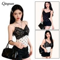ราคา Qingsun เสื้อกล้าม สายเดี่ยว ลายจุดขาวดำ สไตล์เกาหลี แต่งขอบลูกไม้ เพิ่มฟองน้ำในตัว FY5519 0 (45503827720)
