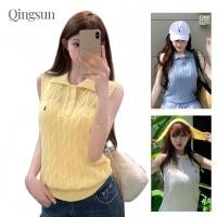 ราคา เสื้อแฟชั่น ผ้าถัก เสื้อกล้ามไหมพรม คอปก สไตล์เกาหลี สีพาสเทลใส่ง่าย W J074 Qingsun (43813318123)