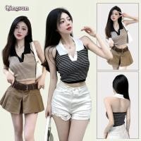 ราคา ผ้าใส่สบาย เสื้อครอปคล้องคอไหมพรม คอปก ดีเทลลายทางน่ารักมาก สไตล์ลำลอง 0236 C Qingsun (26439366690)