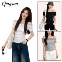 ราคา Qingsun เสื้อแขนสั้นลายจุดสุดเซ็กซี่สำหรับผู้หญิง แบบเปิดไหล่ รัดรูป น่ารักสดใส เสื้อแฟชั่น FYB51 0 (44805080199)