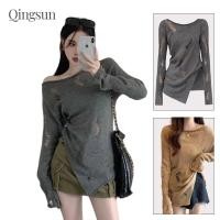 ราคา เสื้อแฟชั่น เซ็กซี่ ฉลุลาย ผ้าใส่สบาย เสื้อถักไหมพรมแขนยาว คอกลม ดีเทลซีทรู 56145 Qingsun (43413295469)