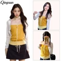 ราคา Qingsun เสื้อเกาะอก สีเหลือง ผ้าไหมพรม แขนกุด เข้ารูป สไตล์เกาหลีa (55102442392)