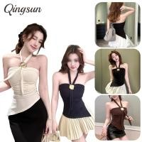 ราคา Qingsun เสื้อสายเดี่ยวผูกคอผู้หญิง ทรงเกาะอก ดีไซน์ไม่สมมาตร เซ็กซี่และสง่างาม แบบสั้น FY2921 0 (48806400419)