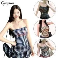 ราคา Qingsun เสื้อแขนกุด ลายทาง เกาะอก สไตล์เกาหลีa เข้ารูป เปิดไหล่ เสื้อผ้าแฟชั่นผู้หญิง (48600543126)