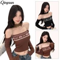 ราคา Qingsun เสื้อแขนยาว สไตล์โบฮีเมี่ยน ผ้าถัก เปิดไหล่ เสื้อผ้าแฟชั่นผู้หญิง (47952476080)