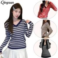 ราคา Qingsun เสื้อไหมพรมแขนยาว ดีเทลแต่งลายทางสีสด คอวี เข้ารูป สไตล์เกาหลีa (47702532985)