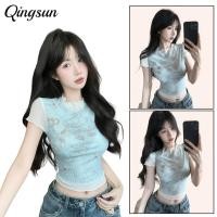 ราคา Qingsun เสื้อแขนสั้นผู้หญิง สีน้ำเงิน รุ่นเข้ารูป ดีไซน์ลูกไม้ แบบสั้นสไตล์เกาหลี FY514 0 (47556223640)