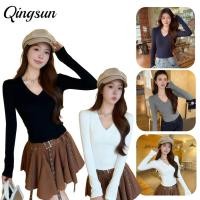 ราคา Qingsun เสื้อผู้หญิงแขนยาวรัดรูป คอวี สีพื้น เรียบง่ายและทันสมัย เหมาะกับการใส่ในชีวิตประจำวัน FY8716 0 (47456214861)