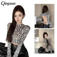 ราคา Qingsun เสื้อแฟชั่น เสื้อรัดรูปเว้าหลัง น่ารักมากๆ แขนยาว คอกลม ดีเทลม้าลายเท่เก๋มาก FY456 (44375170814)